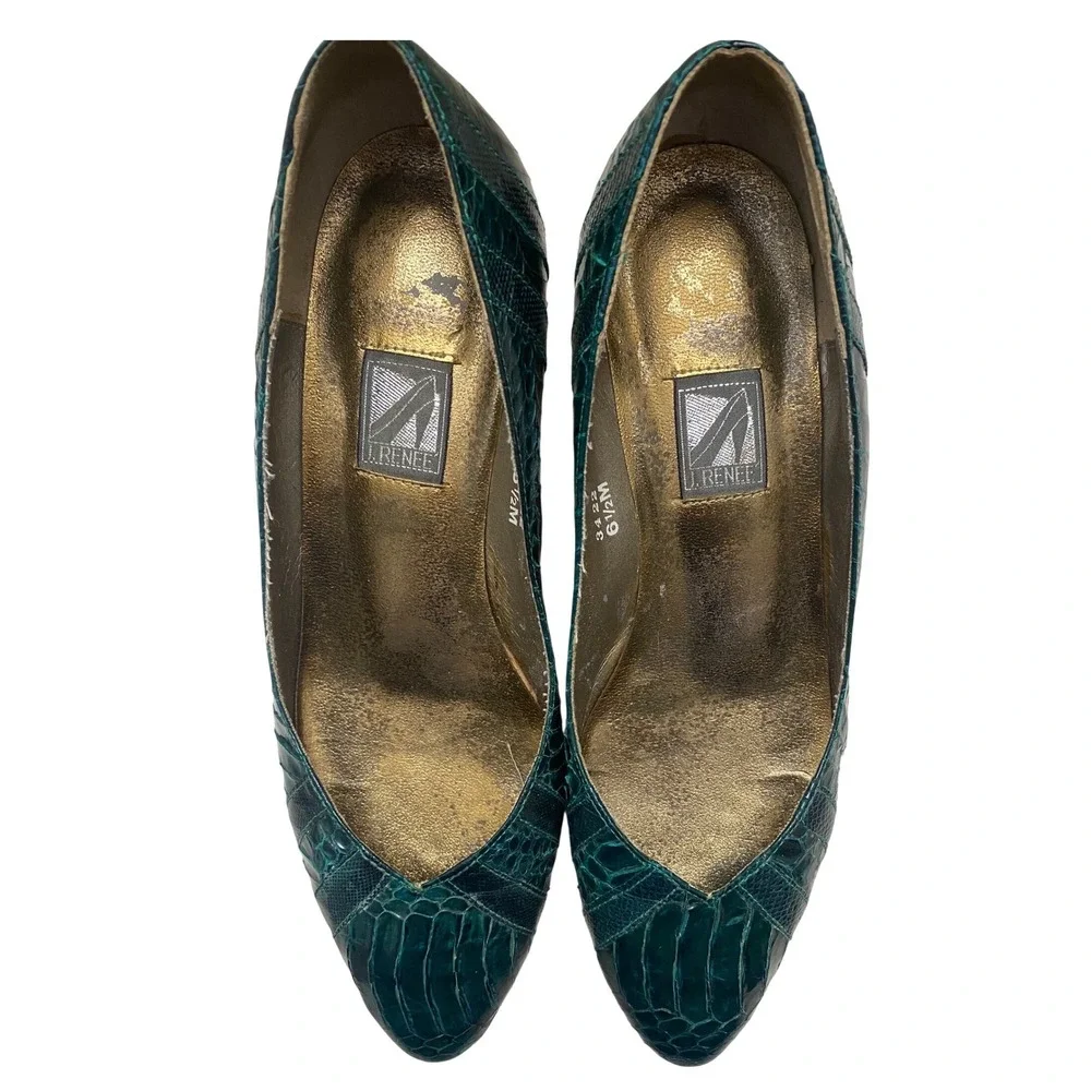 J.‎ Renee Womens Emerald Green Snakeskin Embossed Kitten Heel Pumps Size 6.5M
